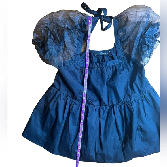 Pomander Place Tuckernuck Women's Black Tinsley Top Blouse Sheer Puff Sleeve XS - Picture 7 of 11